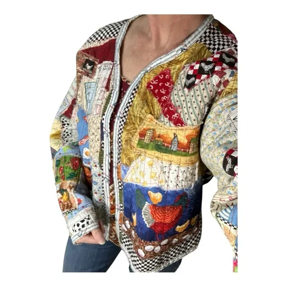 Vintage checkered oversized Cottagecore  Farm themed patchwork quilt coat L/XL - Picture 2 of 10